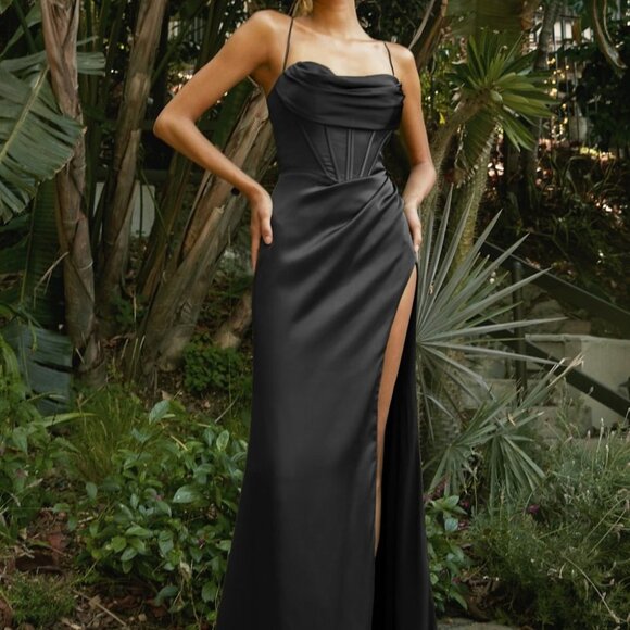 BLACK PROM PARTY EVENING LEG SLIT CORSET COWL SATIN GOWN DRESS CD7483 - Picture 7 of 7